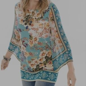 Chico's Floral Sheer Blouse - Teal and Yellow